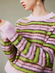 Women Soft Striped Round-neck Sweater 2023 Autumn New In Pink Thin Pullover Korean Fashion High Street