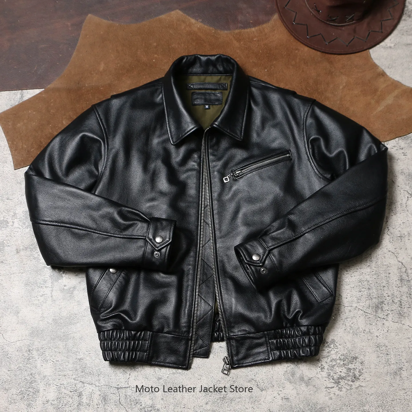 

Vintage Old Money Soft Cowhide Jacket, Unisex Hong Kong Relaxed Fit, Lapel Short Flight Suit Genuine Leather Outerwear
