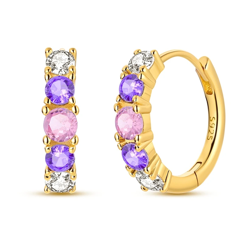 

925 Sterling Silver Golden Earrings Women Sparkling Pink Purple Hoop Earring For Anniversary Wedding Jewelry Gifts