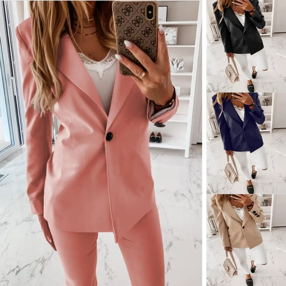 

Long Sved Suit Collar Jacket Cardigan Women's Slim Fit Style Pure Color Business Casual Fashion Winter Seasonal Apparel