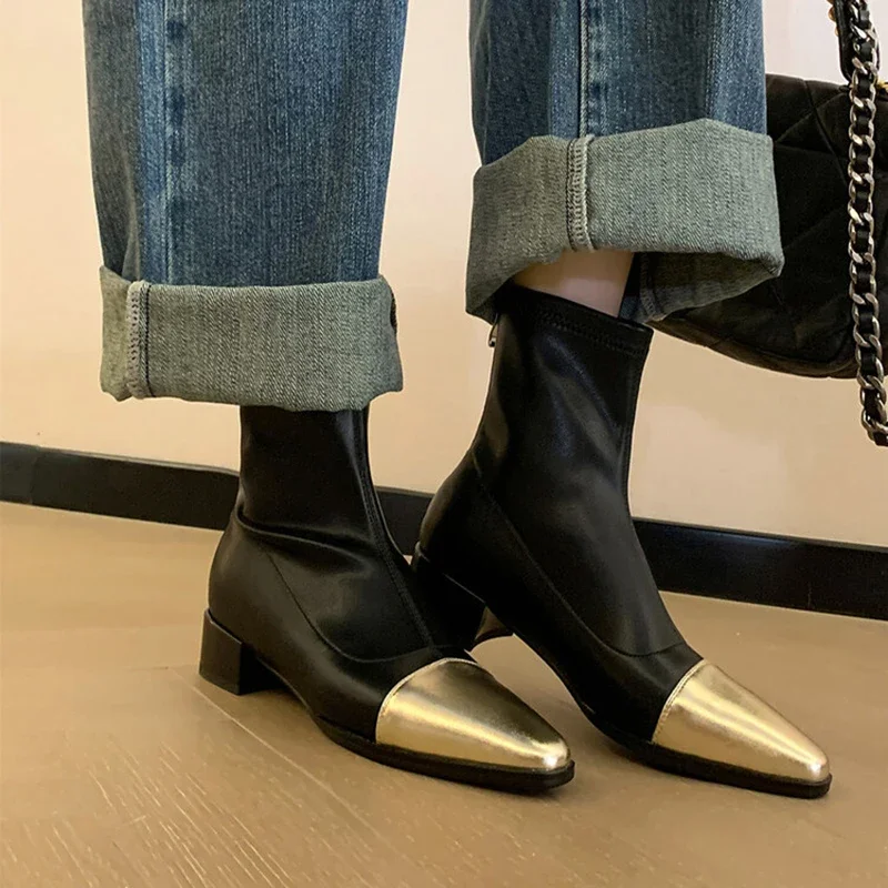 Designer Women Ankle Boots Fashion Pointed Toe Shoes Autumn Winter Low Heel Ladies Stretch Modern Short Booties