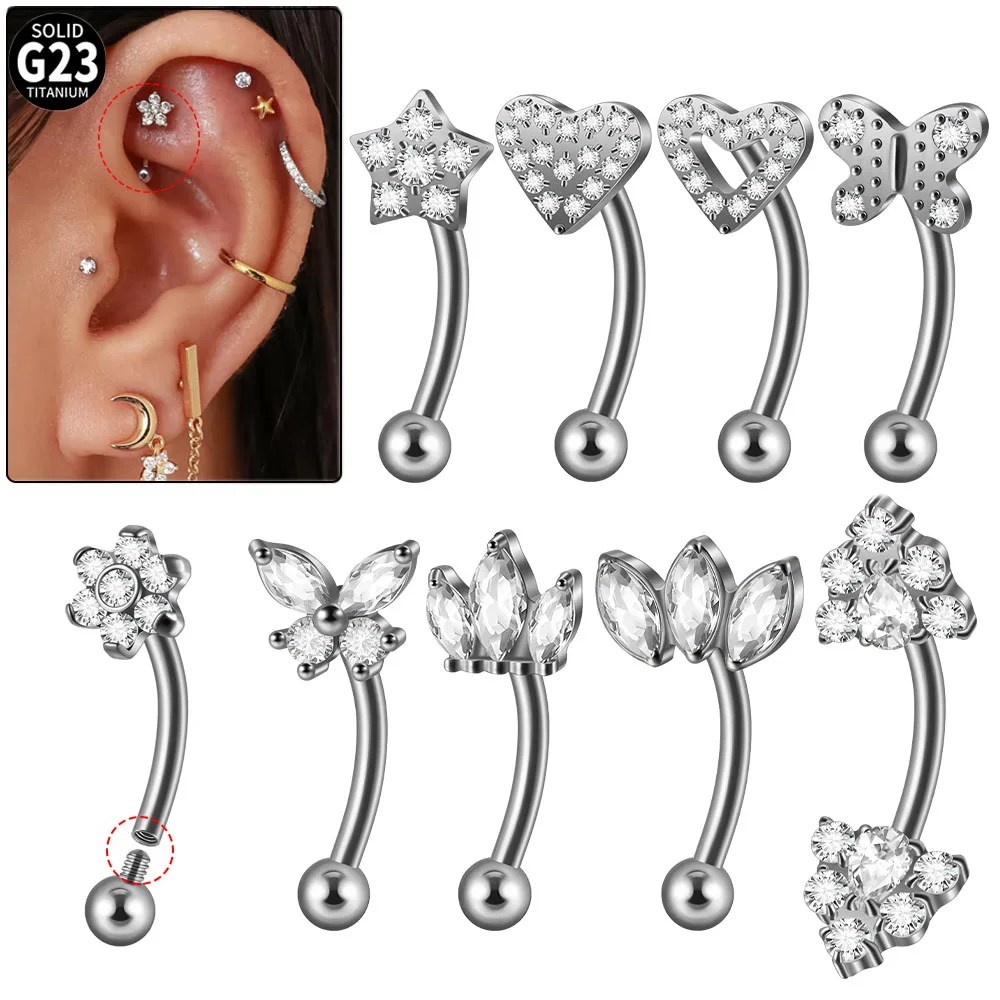 1PC G23 Titanium Crystal Flower Heart Rook Piercing Sparkle Zircon Rook Piercing Jewelry Cartilage Tragus Earring Curved Barbell