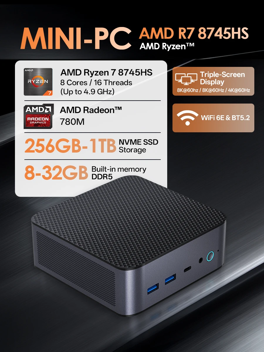 Mini PC sólida AI AMD Ryzen 7 8745HS 2*2,5G RJ45 Dual DDR5 NVMe 3 * pantalla Mirco ordenador de escritorio de oficina Win11 HD DP tipo C Sever