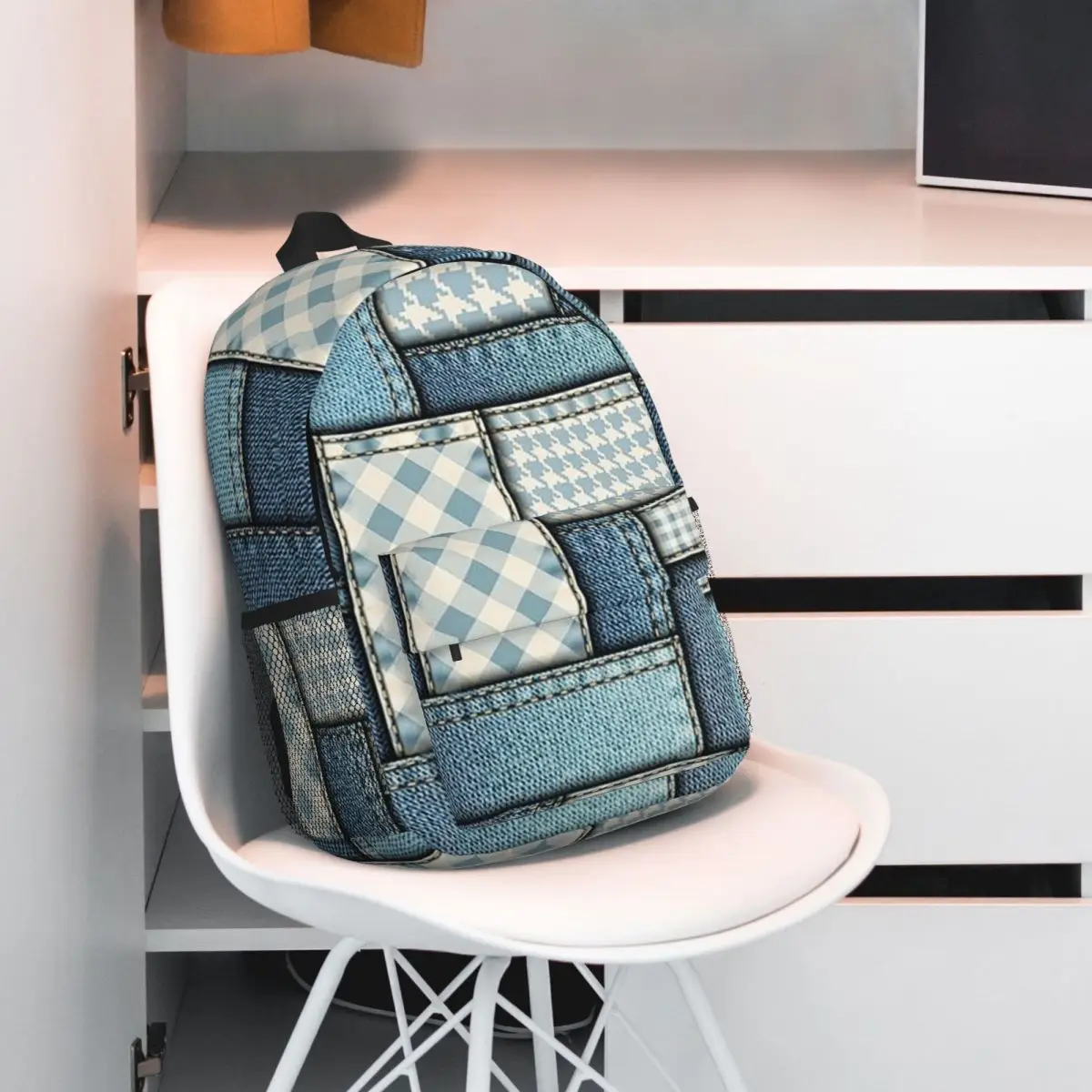 

Blue Faux Denim Patchwork Quilt Design Backpack Student BookBag Children School Bag Laptop Shoulder Bags for Boys Girls