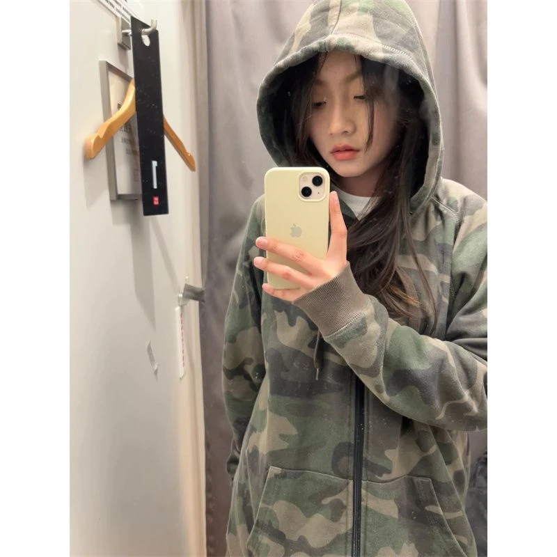 Military Green Womens Clothing Vintage Street Sweatshirt Y2K Camouflage Hoodie Cardigan Long Sleeves Warm Oversize Ladies Tops