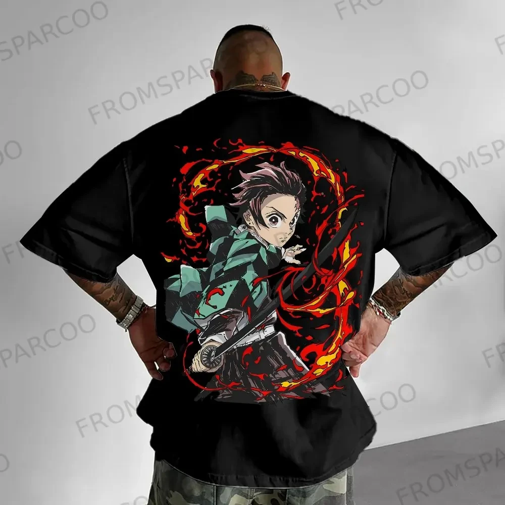 鬼滅の刃 Tシャツ ブラック コットン 半袖 トップス 竈門炭治郎 背面プリント 水呼吸 炎デザイン メンズ 2025