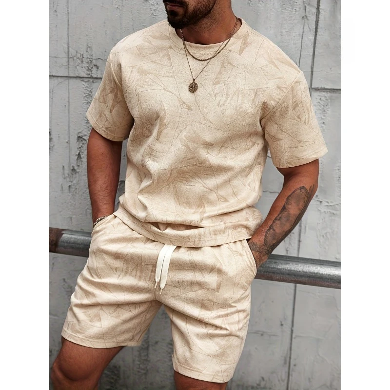 

2025 Summer New Men's Set Polyester Fiber Short Sleeve 3D Printed Top Beach Shorts Comfortable and Casual