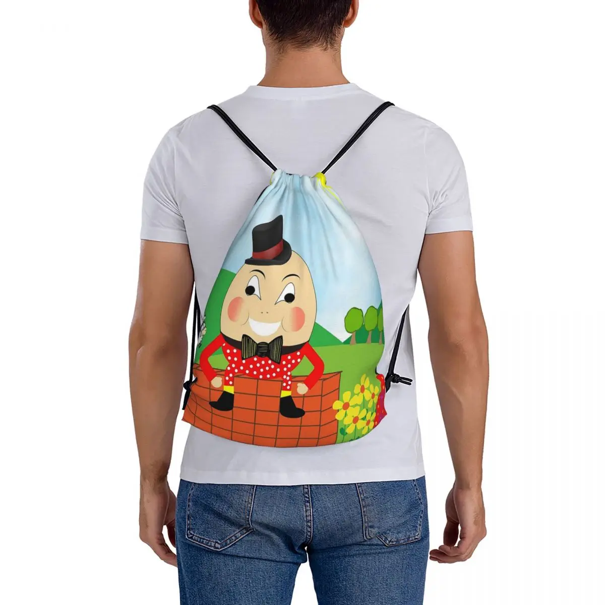 Mochila con cordón para hombre y mujer, morral bonito con diseño de Humpty Dumpty para guardería y rima, con cordón y bolsillo, bolsa deportiva para libros