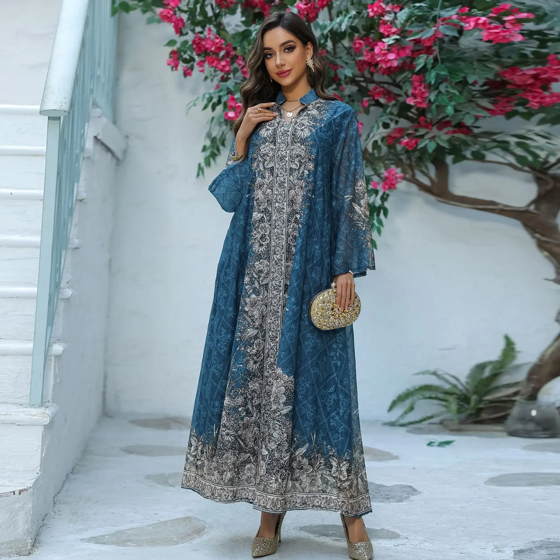 Gedrukt lang gewaad Damesmode Midden-Oosten Moslimvrouwen Etnische stijl geborduurde jurk Jalabiya Abaya