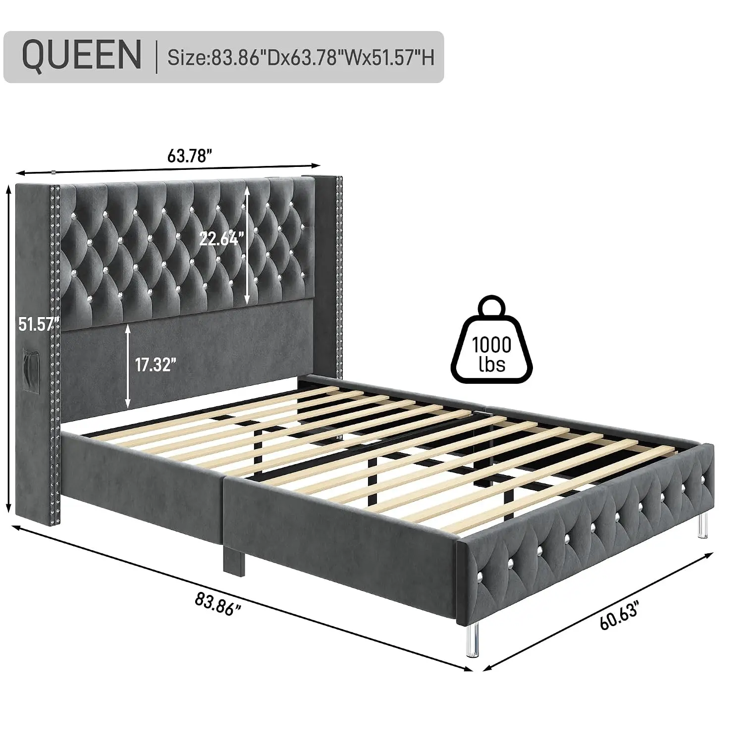 Queen LED Upholstered Bed Frame Wingback Headboard Velvet Tufted USB & Type-C Ports Pockets LED Lights Wood Slats No Box Spring