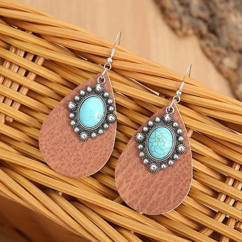 Western turquoise leather earrings, water drop turquoise metal earrings retro simple brown leather earrings