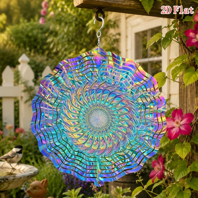 2D Flat Iridescent Swirl Wind Spinner - 10 Inch Metal Art with 360 Swivel Hook for Garden Patio Indoor Outdoor All Season Gift