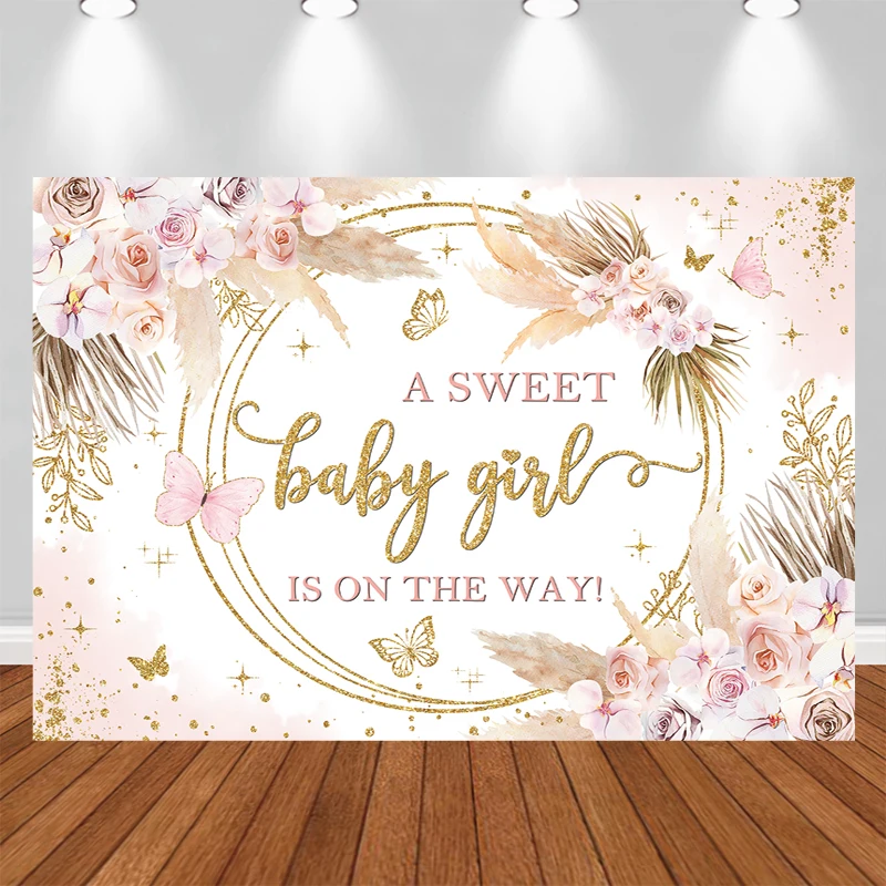 

LS Photography Background A Sweet Baby Girl Is On The Way Bohemian Floral Butterfly Birthday Baby Shower Photo Backdrops Studio