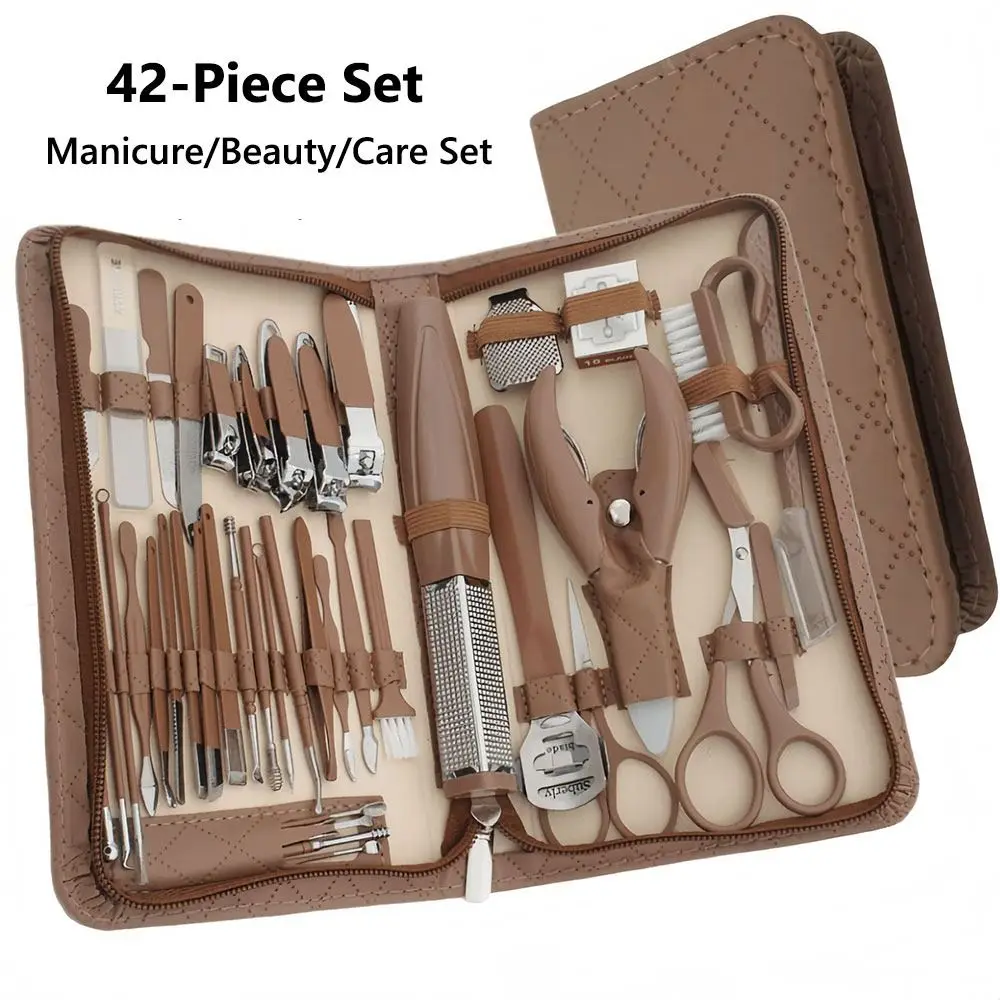 Ensemble de manucure en acier inoxydable, 42 pièces, avec fermeture éclair, sac en cuir, Kit de coupe-ongles en acier inoxydable, outils de soins des ongles des pieds