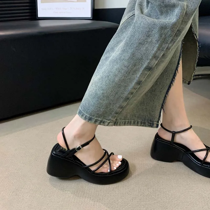 

White Wedge Platform Sandals Women Silver Belt Cross Low Heeled Sandals Summer Ladies Shoes Outdoor Wedges Heels 2024