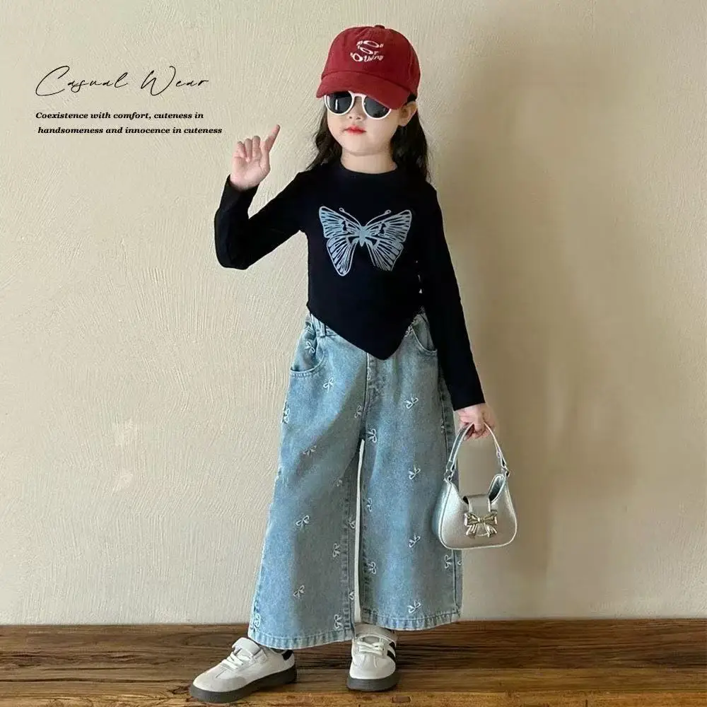 

Kids Girls Set Spring and Autumn 2026 New Style Children's Wide Leg Pants Black Bottom Shirt Jeans Two Piece Set