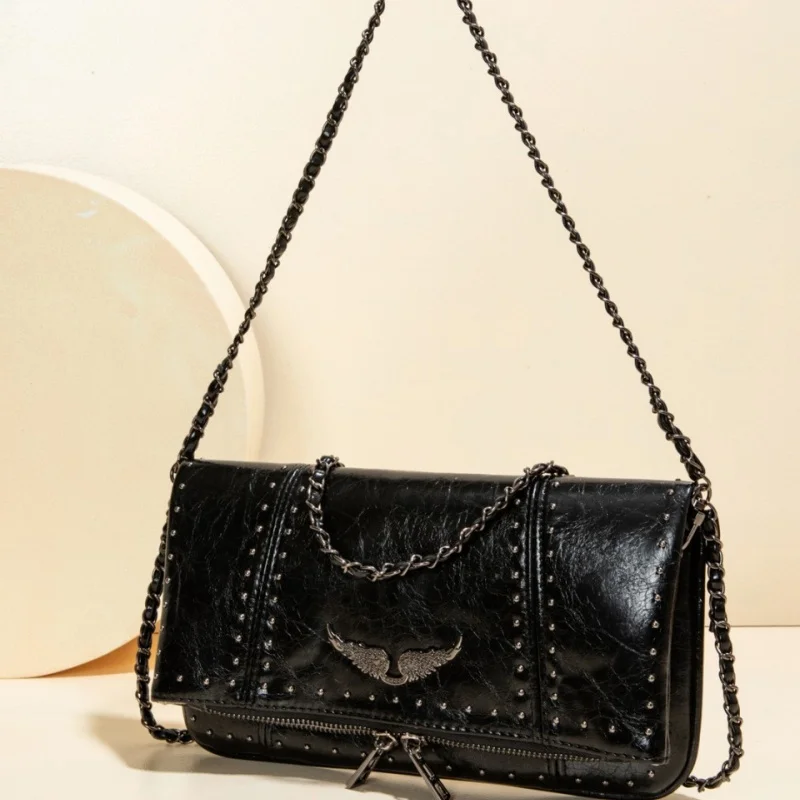 Edgy Streetwear Rivet Flap Crossbody Bag, Wing Embellishment Chain Shoulder Bag for Club Date Daily Outing