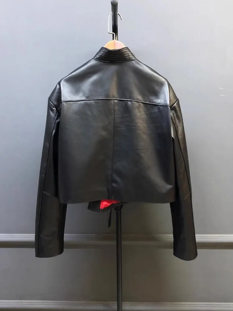 Vintage Designer Women Lace Up V Neck Sheepskin Genuine Leather Jacket Short Style Adjustable Waist Loose Fit Coat Retro Jacket