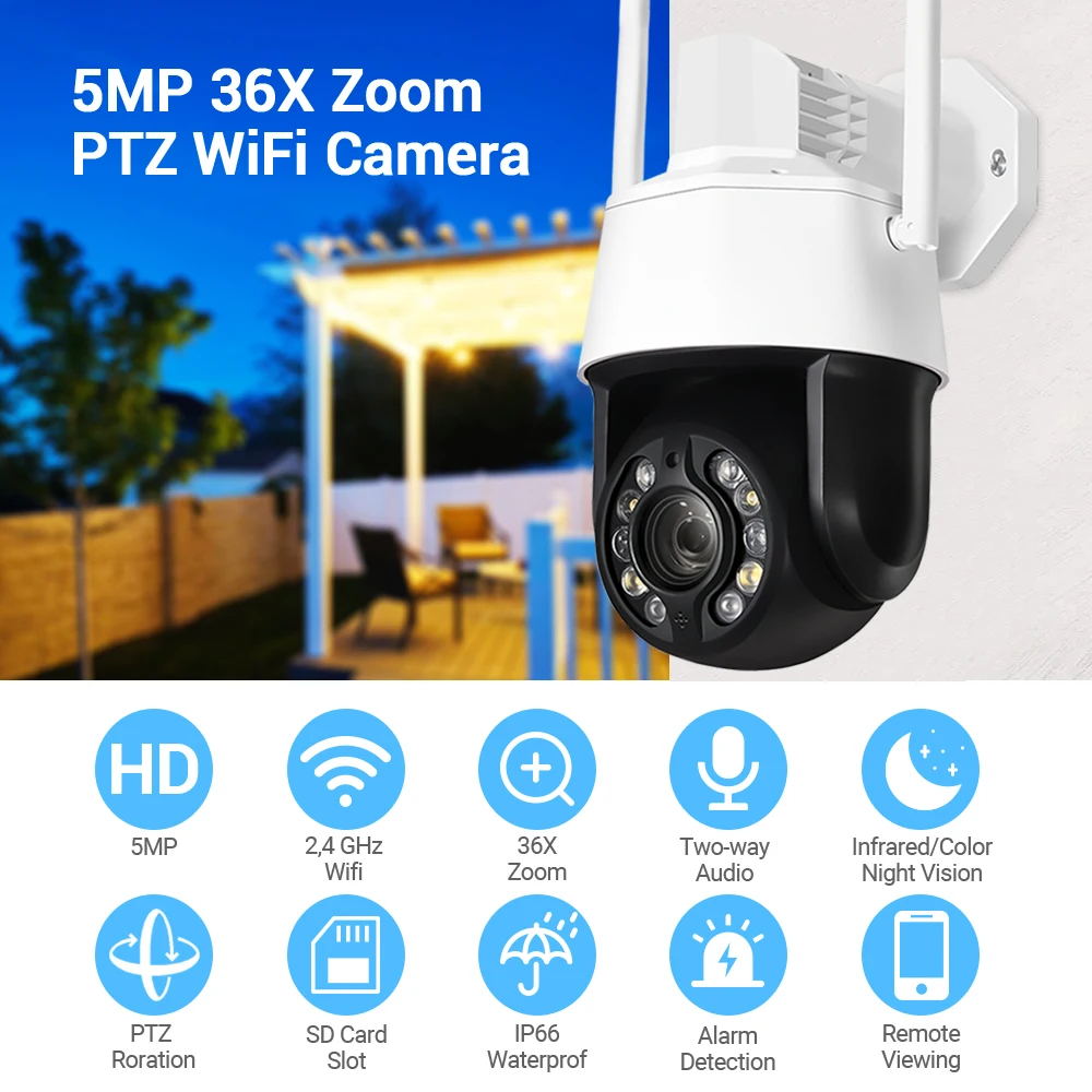 36X Zoom Wifi Camera 5MP Wireless PTZ Camera Two Way Audio AI Human Tracking IP Camera Light Alarm Surveillance CCTV iCSee
