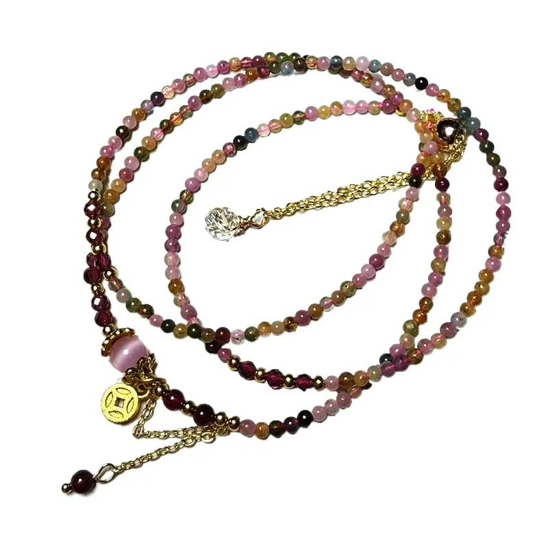 Rainbow Tourmaline Multi‑Loop Bracelet Natural Small Garnet Bead Fashion Stackable Versatile Crystal Bracelet Wholesale