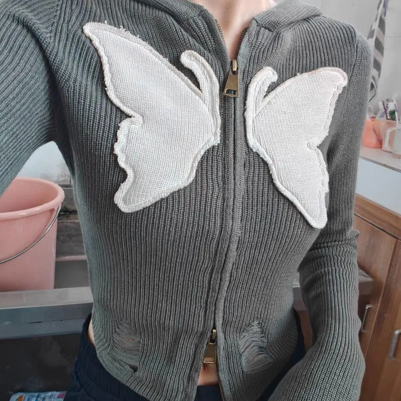 Vintage Embroidery Hooded Knitted Cardigan Women Hole Design Slim Fit Zipper Short Sweater Autumn Y2k Tops