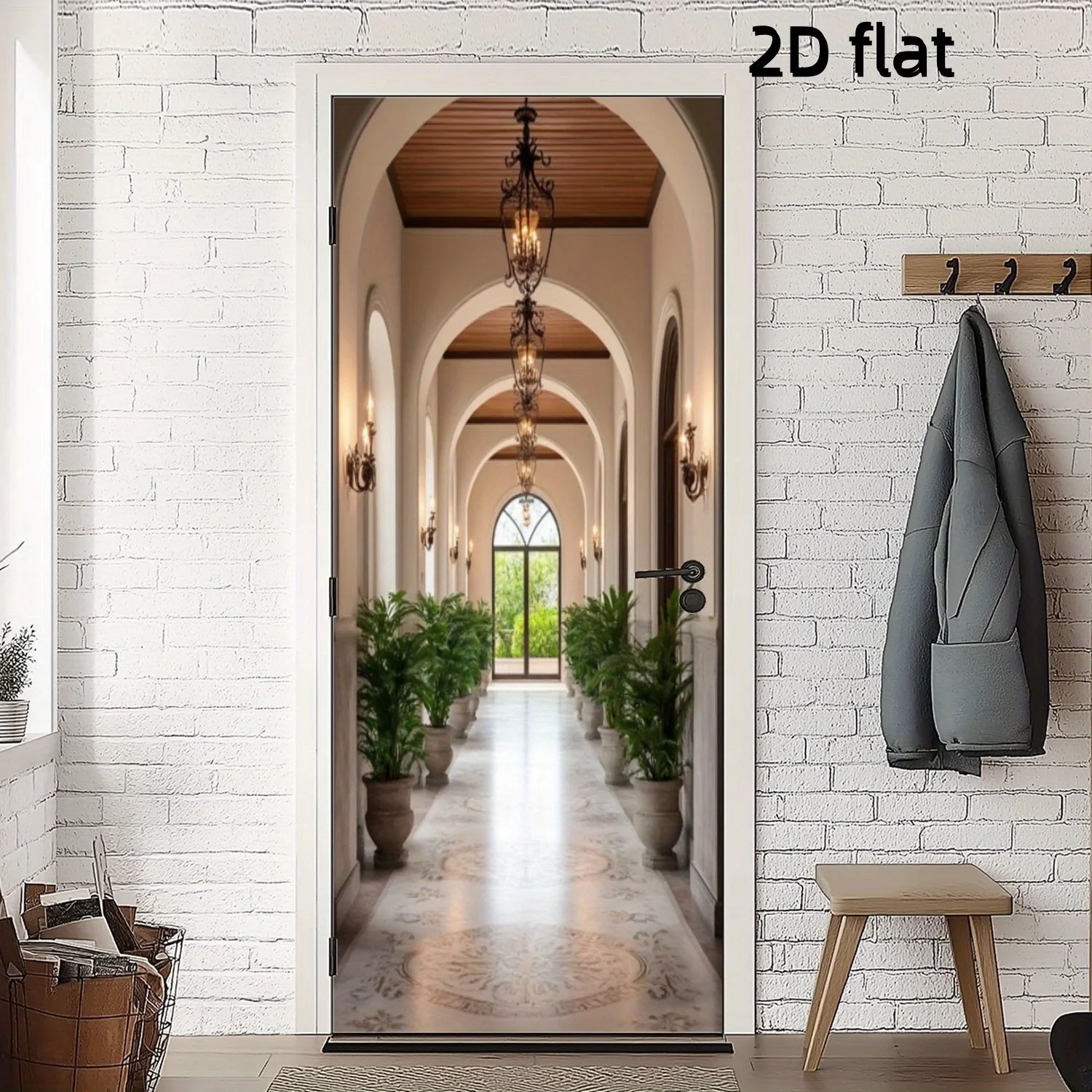 1 pair of elegant corridor with arched doorway and lush green plants self-adhesive creative door stickers, suitable for bedroom,