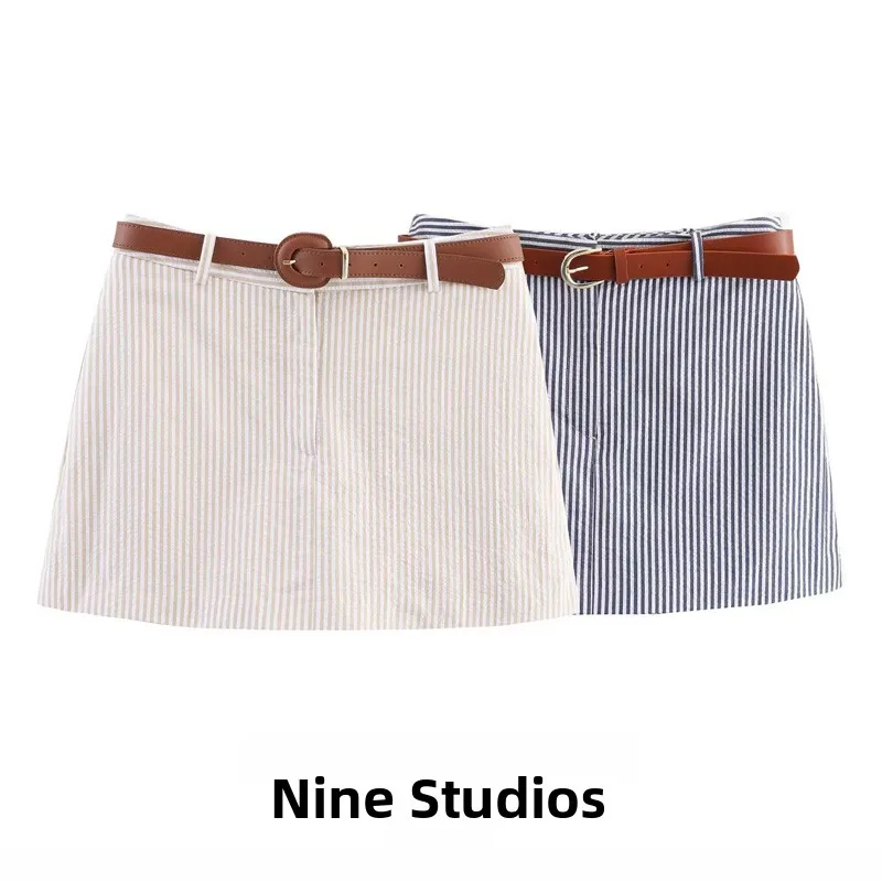 Casual Stripe  Skirt Pants Women's Short Style with Belt High Waist A-Line Skirt Standard Version Other Material