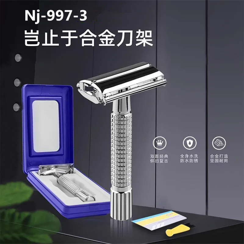 Klassieke 2-in-1 mannen Klassiek handmatig tweesnijdend scheermes Ontharing mes Baardtrimmer Scheerapparaat met reisspiegelbehuizing NJ-997