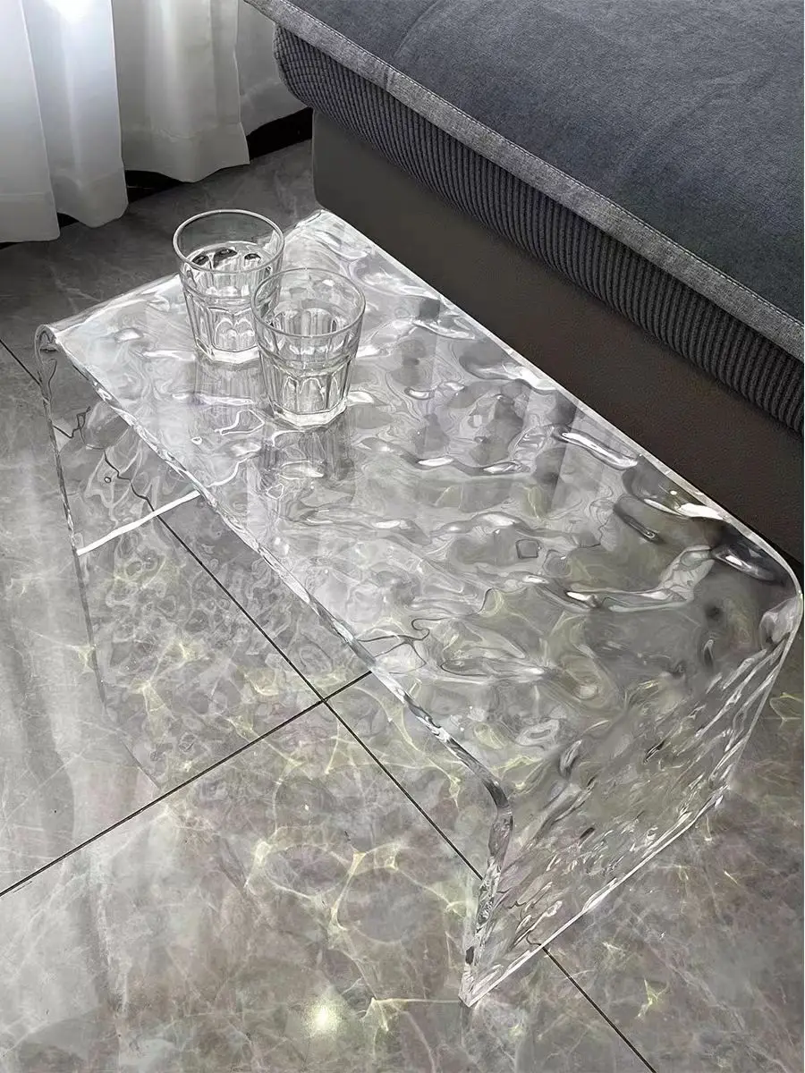 Modern Acrylic Water Ripple Pattern Edge Table Sofa Luxury Small Side Table Bay Window Small Coffee Table Transparent Corner Tab