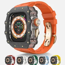 Luxury Carbon Fiber Case Modification Kit for Apple Watch Ultra 3 49mm 44mm 45mm Case Rubber Strap for Iwatch 9 8 7 6 SE 5 4 Mod