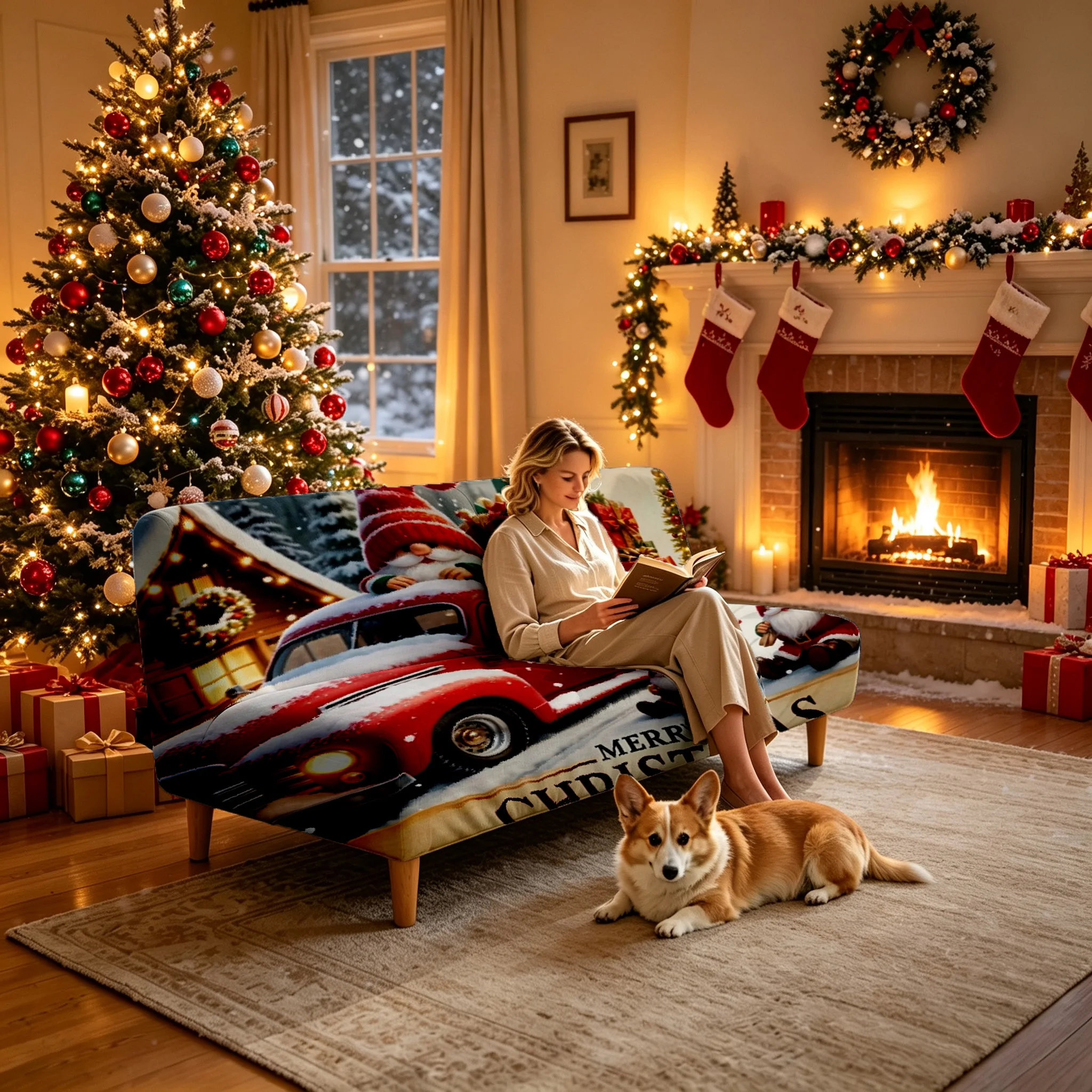 1PC Christmas Red Vintage Truck Gnome Printed Elastic Folding Sofa Bed Cover, Holiday Decoration for Armless Sofa cover