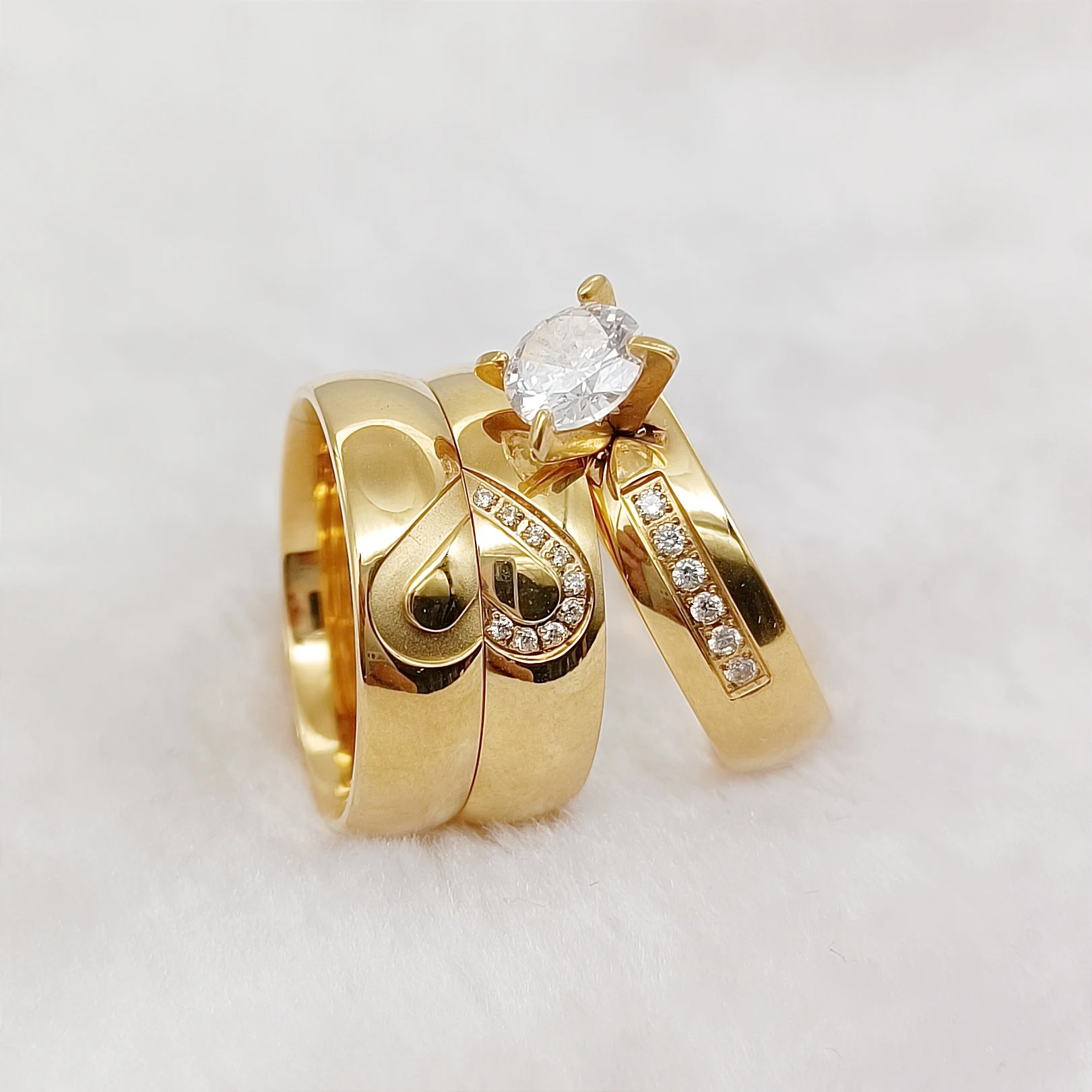 Western Designer Titanium Jewelry Ring cz Diamond Lover\'s Hearts 18k Gold Plated Wedding Engagement Ring Sets for Men and Women