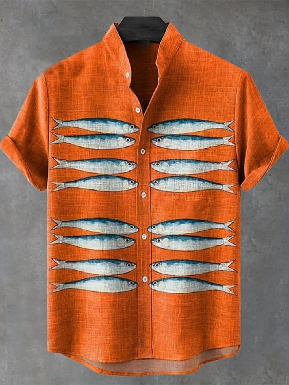 

Men's Fish Print Short Sleeve Shirt Fashionable Stand up Collar Button up Casual Beach Vacation Top for Daily Wear