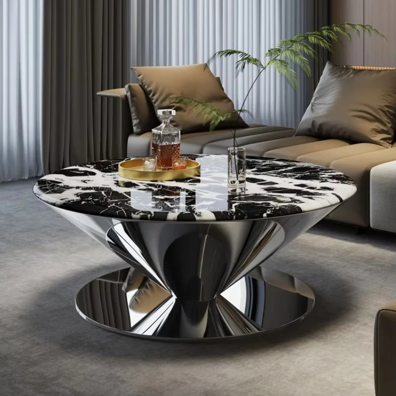 

Modern Luxury Marble Countertop Round Coffee Table Set for Family Living Room, Stainless Steel Spherical Silver Furniture