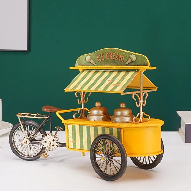 

Vintage Wrought Iron Art Ice Cream Cart Miniature Handmade Metal Popsicle Tricycle Model Childhood Ornament Craft Decor Present