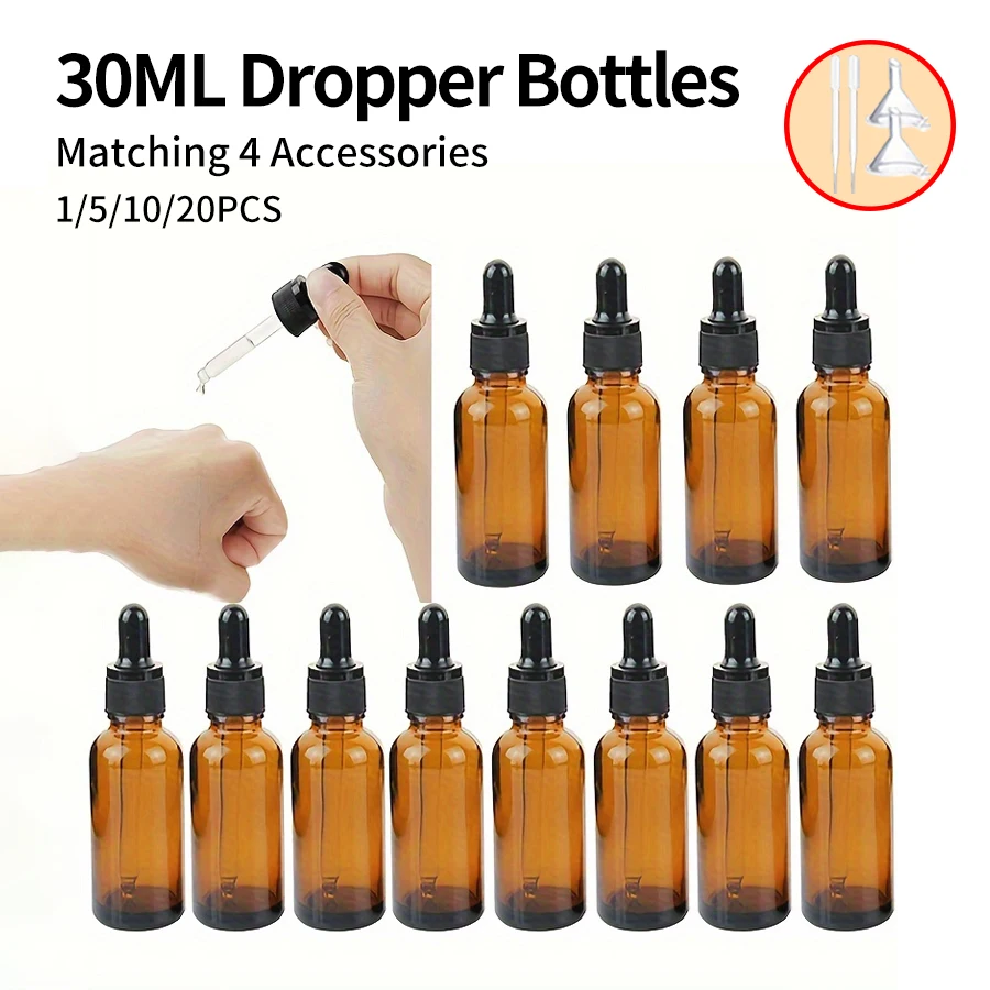 5/10/20pcs + 4 accessories 30ml refillable glass dropper bottle, 2 funnels, 2 pipettes, for essential oils and perfumes