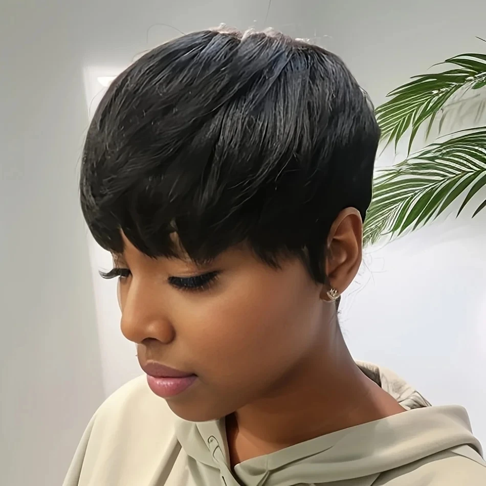 

100% натуральные парики из человеческих волос, короткие парики из человеческих волос, парик в стиле пикси с челкой, короткие многослойные парики, полностью машинной работы, для чернокожих женщин.