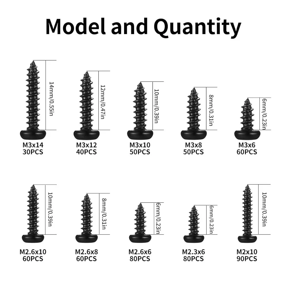 

600Pcs Torx Pan Head Self Tapping Screws Set Small Black Round Head Torx Screw M2 M3 M2.6 M2.3 Carbon Steel Screws Hardware Tool