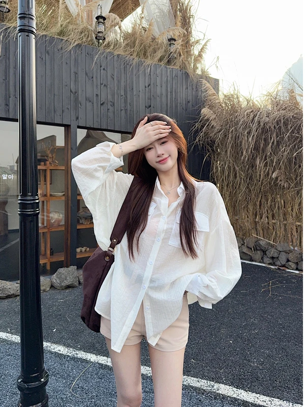 

Ele Thin Long Sve Loose Women's irt Early Autumn Versatile Slimming orts Set Korean Sle Button up Casual Wear