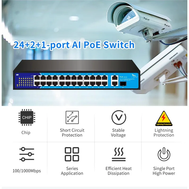 24+2+1 Gigabit 27 Port PoE Network Switch Supports IEEE802.3af/at Standard 52V/5.76A 360W Single Port Maximum Power 30W