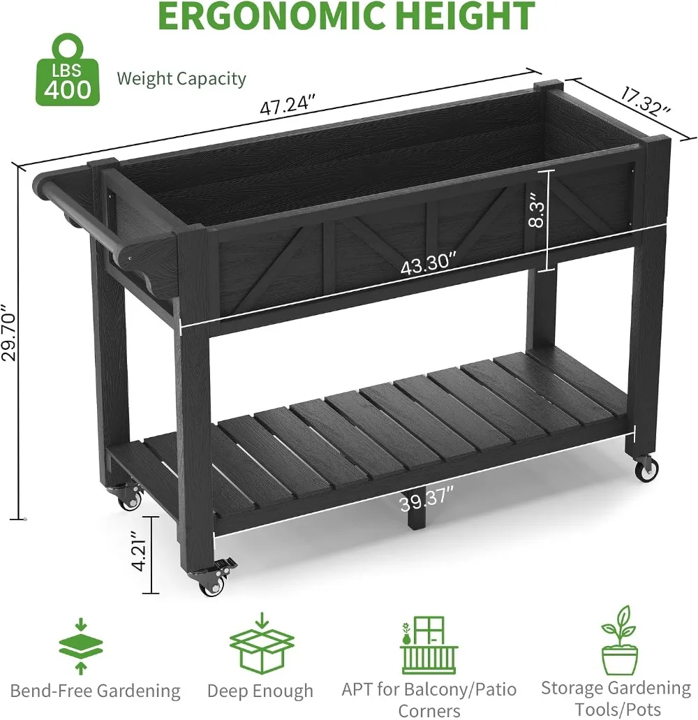 Raised Garden Bed on Wheels, 47x17x29.7in, HIPS Outdoor Planter with Drainage, Shelf & Hooks