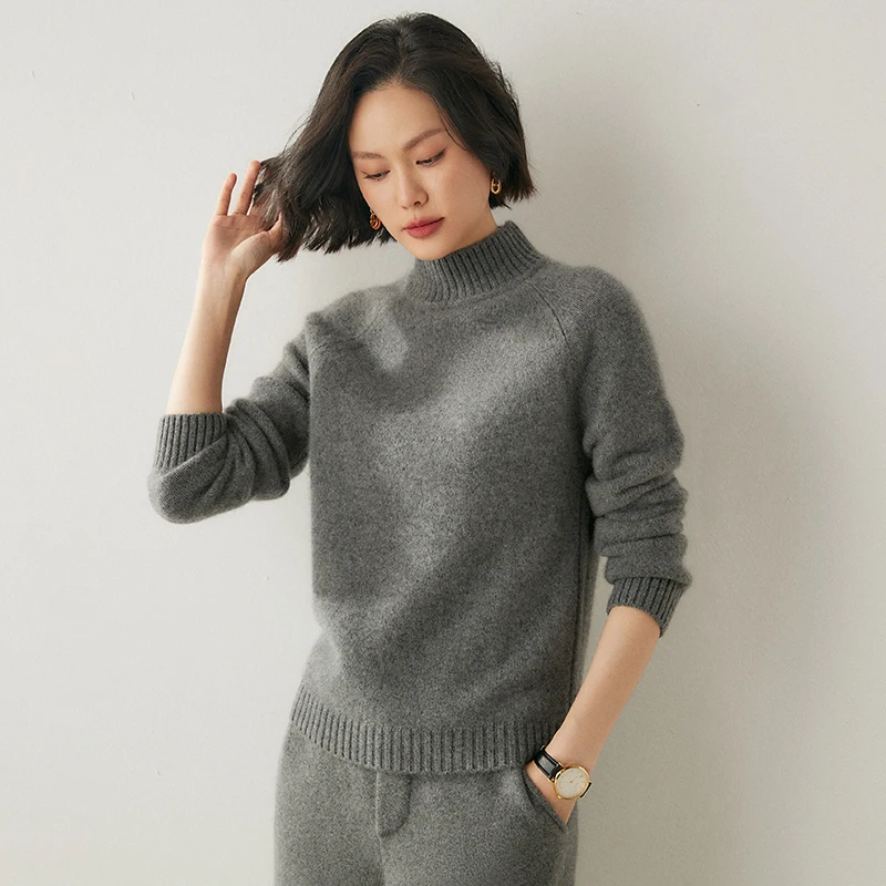여성 100% 캐시미어 하프 하이 넥 풀오버 기본 캐주얼 긴 소매 스웨터 캐시미어 니트 의류 가을 겨울 스웨터