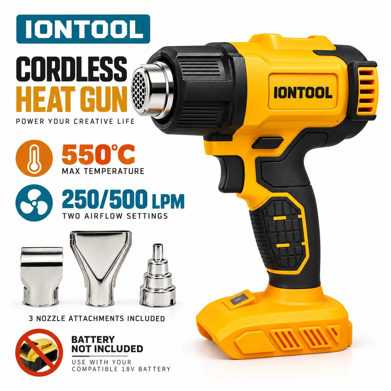 IONTOOL Cordless Brushless Heat Gun 250L/min For Curing Epoxy Resin Melting Adhesive and Preheating Wood Joints Power Tool