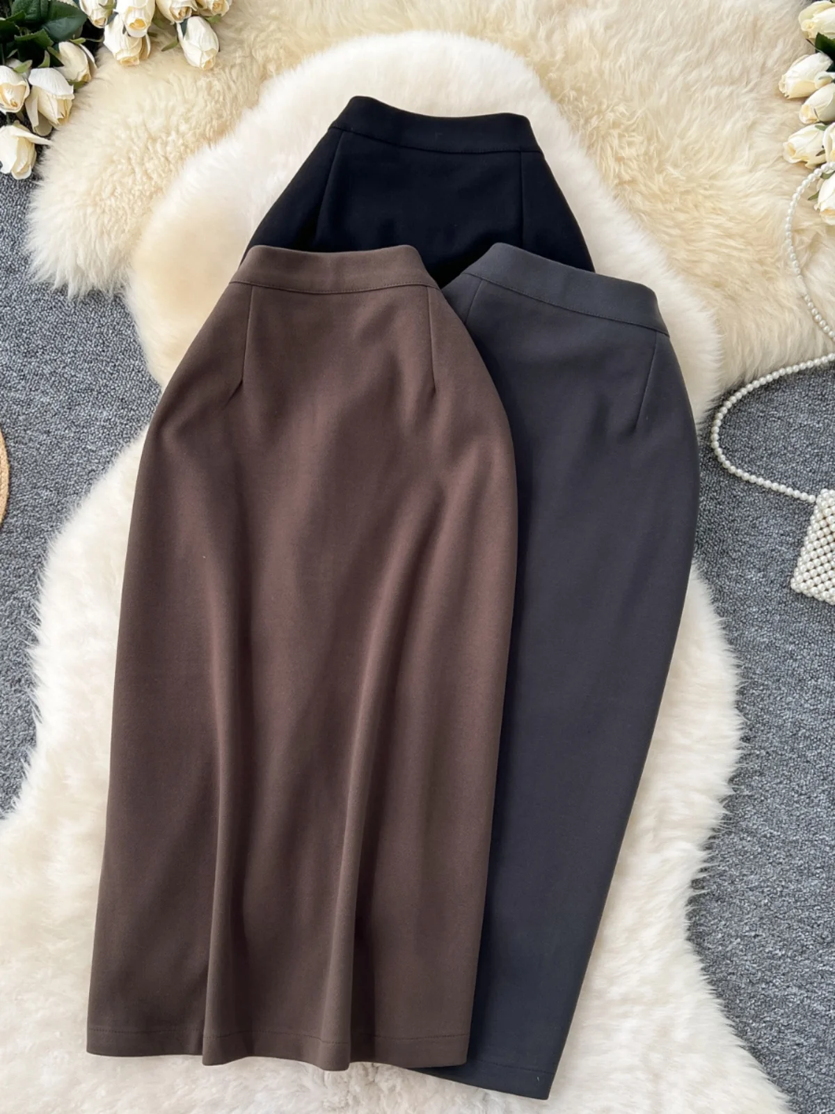 

Утягивающая юбка-миди трапециевидной формы с высокой талией для женщин, удобная для поездок на работу, шерстяная смесь в стиле ретро, длина f, открытая передняя часть, одношаговый дизайн