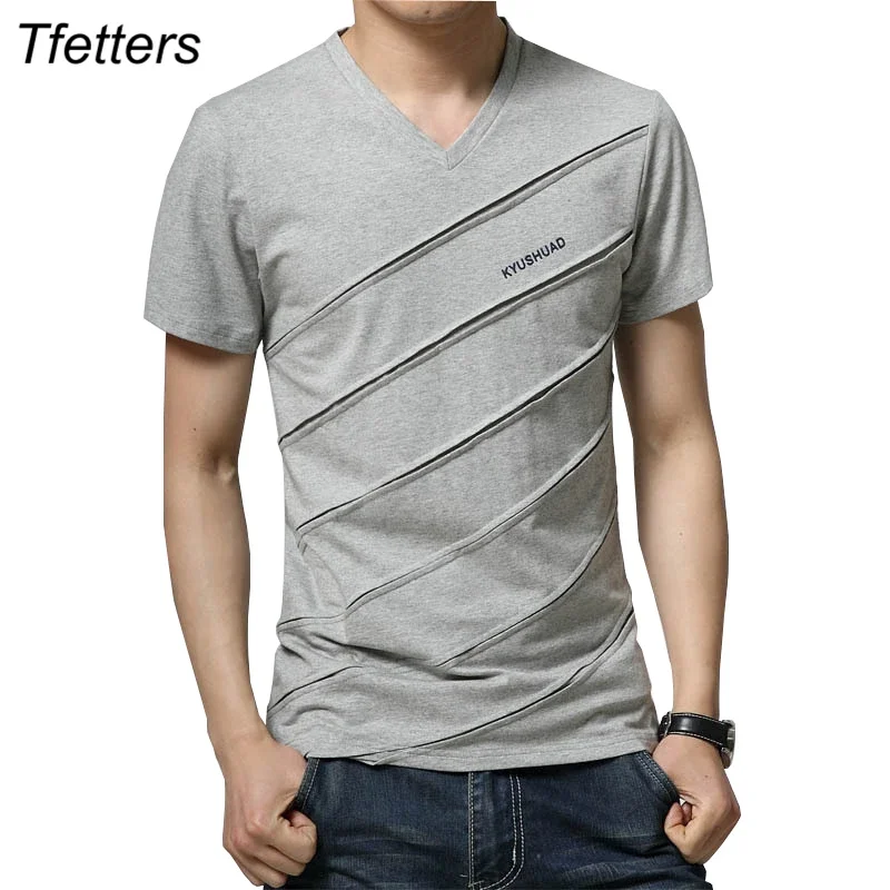 

TFETTERS New Arrival Casual Men's T-shirt Stripe Design Short Sleeve V neck T-shirt Men Slim Fit Cotton Men Tops Tees Hommes