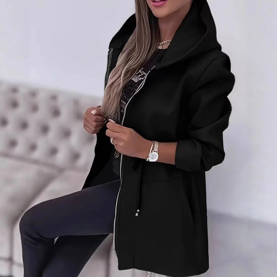

Fashionable Casual Oversized Waist-Cinched Zipper Hooded Mid-Length Street Style Women's Windbreaker Outerwear