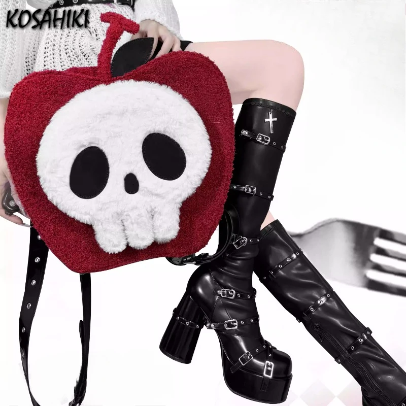 

Vintage Gothic Patchwork Skull Fluffy Backpack Women Students Luxury Design Streetwear Schoolbag Y2k Aesthetic Fashion Backpacks