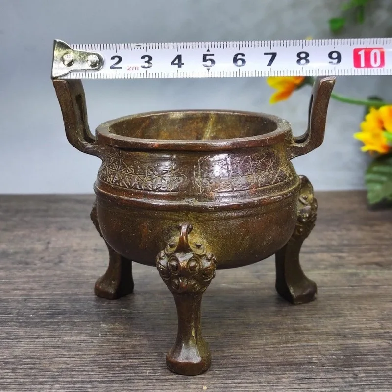 Antique-style copper three-legged with double handles, vintage home living room incense burner ornament, Xuan De