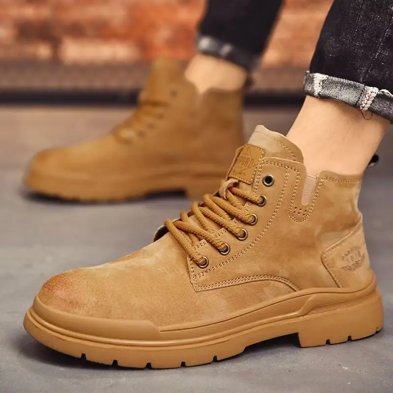 

Autumn Winter New Men Real Leather Ankle Work Boots Thick Sole Non Slip Waterproof High Top Lace Up Retro Outdoor Hiking Shoes
