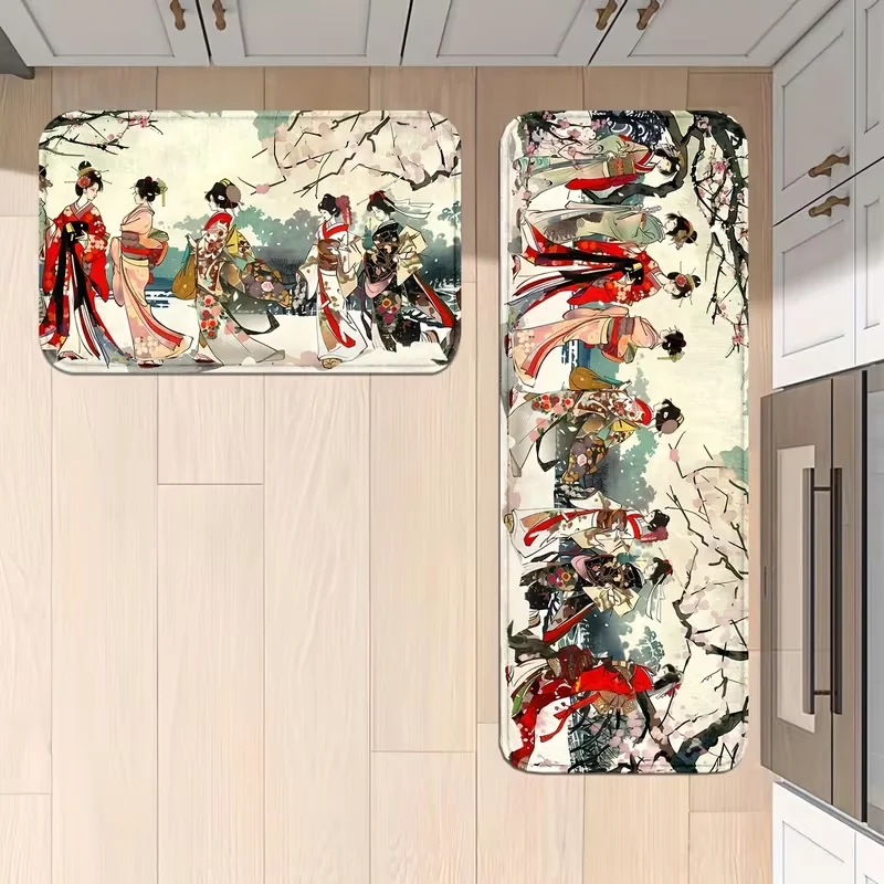 Japanese Ukiyo-e Geisha Kitchen Rug Non Slip Vintage Kimono Lady Floor Mat Washable Decorative Long Runner for Hallway Decor Rug
